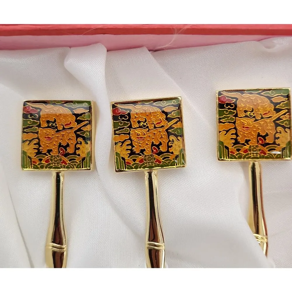 Korean 24k Gold Plated 10 Flatware Set-Folk Art Tiger Design Original Box